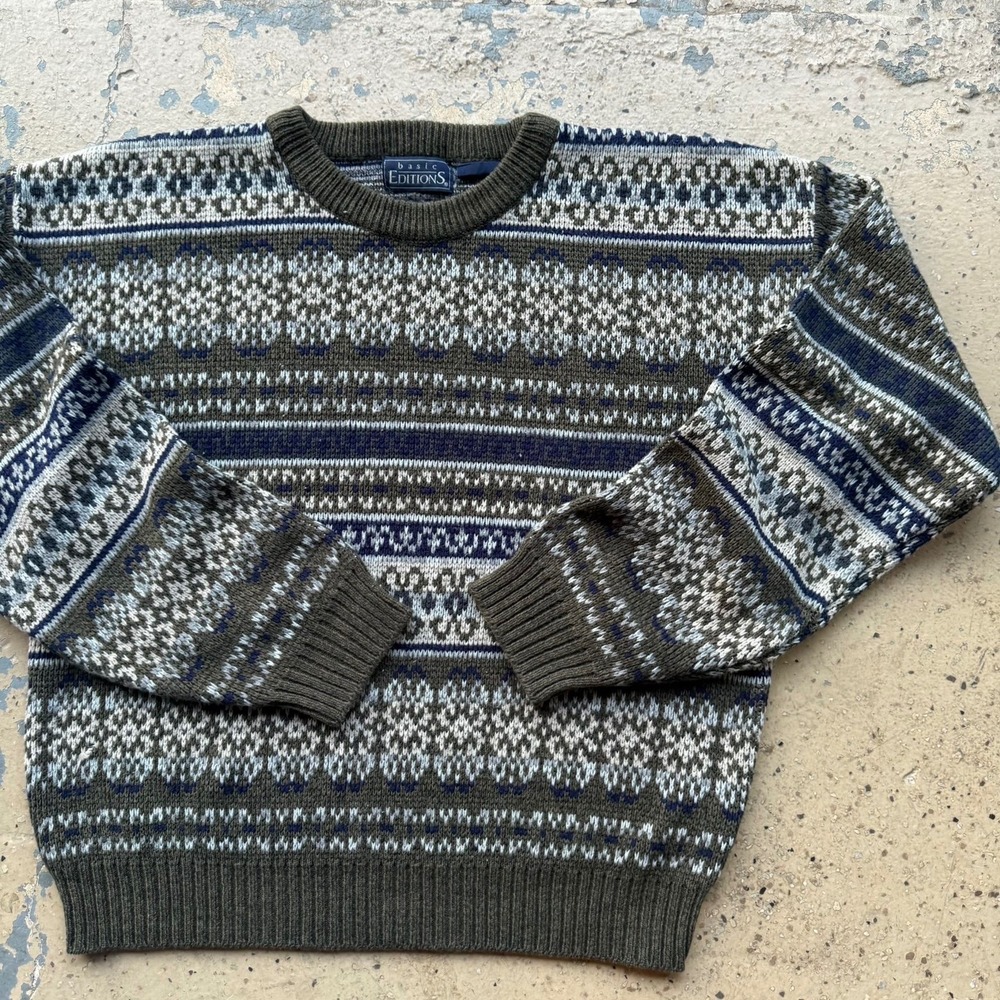 Vintage Basic Editions Mens Fair Isle Crewneck Sweater Olive Green Navy Blue L